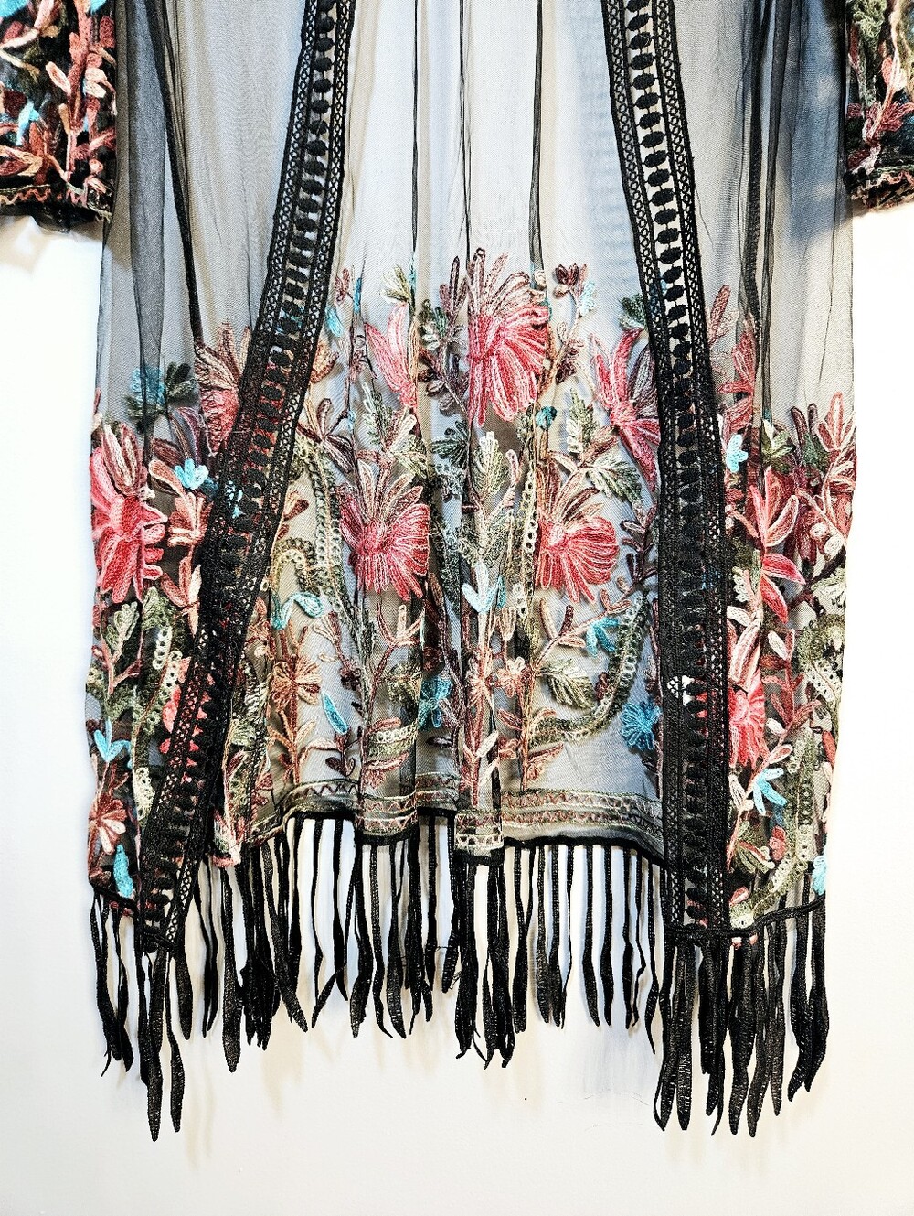 Betty Fashion Floral Embroidered Sheer Kimono Size XL Black Boho - Picture 5 of 8